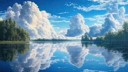 Serene lake landscape, idyllic scenery, puffy clouds reflecting on water