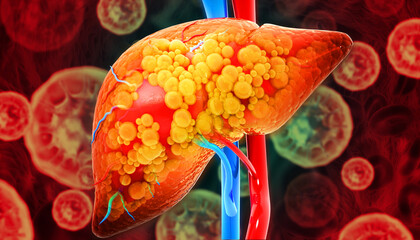 Liver damage such as Fatty liver, Fibrosis, Cirrhosis, and Liver cancer. 3d illustration