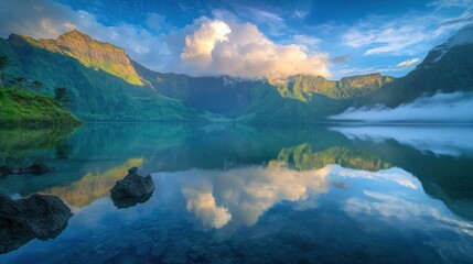 Serene lake reflecting a vibrant sunrise over majestic mountains. Lush greenery surrounds the calm water, creating a breathtaking vista