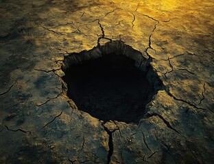 A gaping hole in cracked, dried earth.  Sunlight casts a warm glow