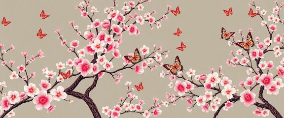 Naklejka premium Elegant seamless pattern of blossoming trees, delicate flowers, and fluttering butterflies in a serene Japandi Chinoiserie style, peaceful, vector