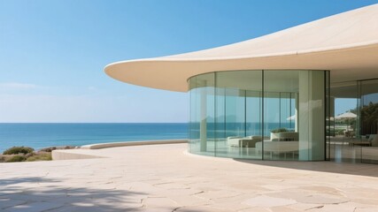 Fototapeta premium Modern Coastal Architecture with Curved Roof and Glass Walls Overlooking the Sea