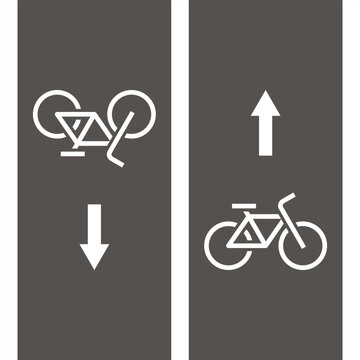 Two way bicycle road markings, city street symbols. Bike lane direction sign, bike area icon, bicycle zone symbol, road marking.