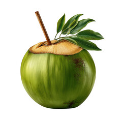 A fresh green coconut drink with a straw and leaves isolated on transparent background