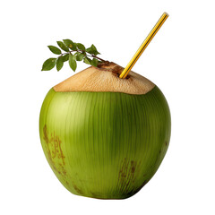 A fresh green coconut with a yellow straw and a small leafy branch isolated on transparent background