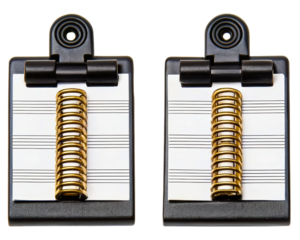 Two black music book page holders with golden coil springs on a transparent background