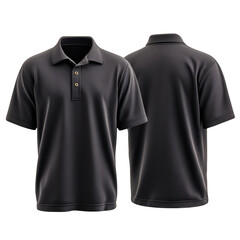 A black polo shirt with short sleeves, shown from the front and back, isolated on transparent background