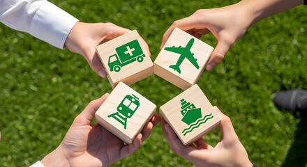 Hands holding wooden blocks with green icons of ambulance, airplane, train, and ship, symbolizing global transportation and logistics teamwork.