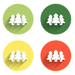 Set Trees icon isolated with long shadow background. Forest symbol. Color circle button. Vector
