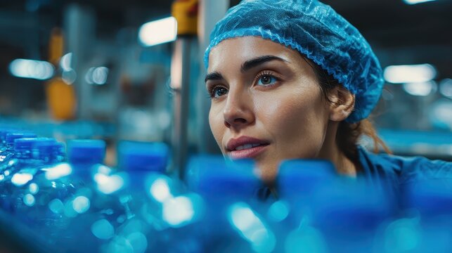 Woman in hairnet inspects plastic bottles on factory line. Showcasing quality control, manufacturing and industrial processes.