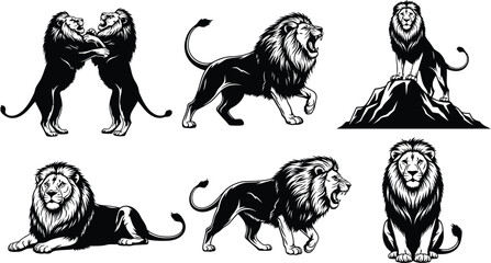 Lion vector illustrations set black and white wild animal king of beasts art
