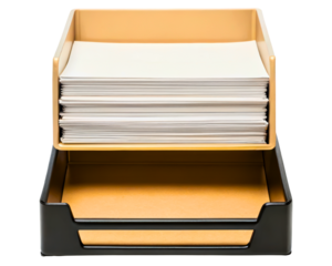 Stackable office document trays with a stack of white paper on a transparent background