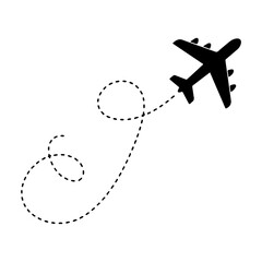 black silhouette of a Airplane with dotted line route