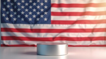Sleek titanium gray podium in sharp focus with blurred American flag softly visible in the background