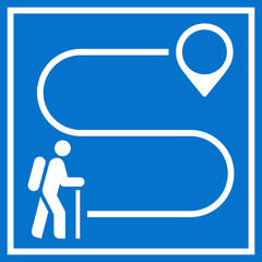 Hiking route sign. Hiking trail symbol. Way with point to point. Map with trekking route. Hiker and pin.