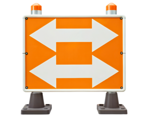 Orange traffic diversion sign with two large directional arrows on a transparent background
