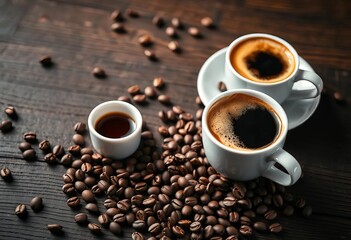 Fototapeta premium Espresso and cappuccino cups, coffee beans scattered on dark wood, wood grain, robusta