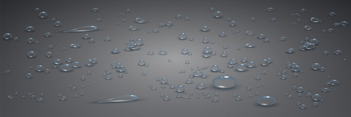 Realistic transparent water drops scattered on a smooth gray background.