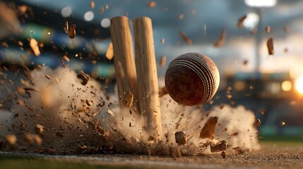 A leather cricket ball powerfully strikes wooden wickets, shattering the ground in a dramatic dust cloud at sunset.