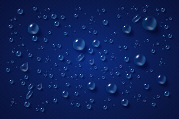 Realistic water drops of different sizes on a dark blue background. Vector illustration EPS10