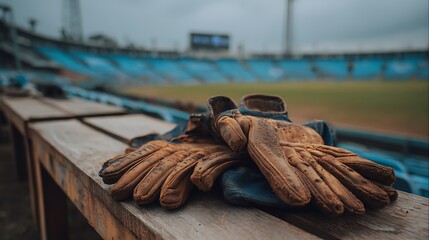 A pair of worn leather cricket gloves resting on a wooden bench in front of an empty stadium with blue seats and a cloudy sky.