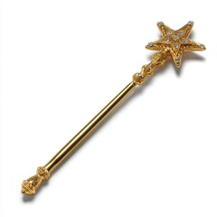 Ornate golden star wand with sparkling gems isolated on white background