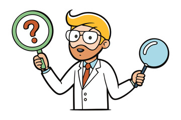 Cartoon scientist with glasses and beard holding a magnifying glass and a question mark sign symbolizing curiosity and research