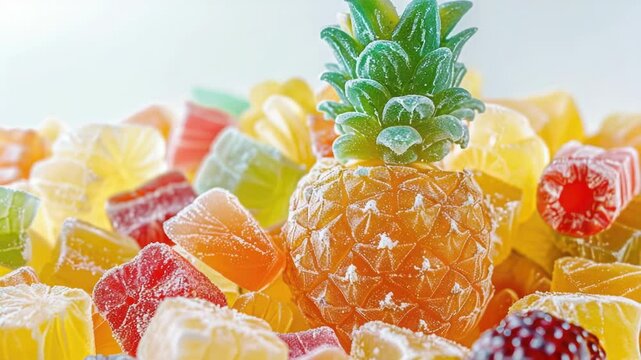 A pineapple sits atop a colorful pile of fruit, perfect for adding a pop of tropical flair to your image