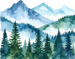 Fototapeta premium Snow-covered mountains and pine trees create a stunning winter landscape view under a cold, cloudy sky