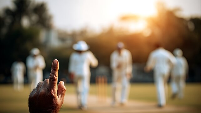 A hand points towards blurred cricketers on a sun-drenched field, signaling a play during a game.