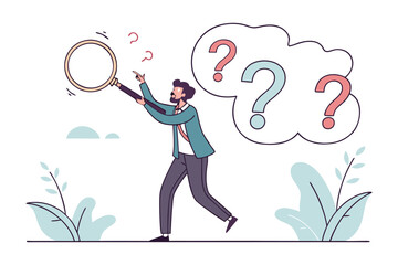 Man with magnifying glass investigating multiple question marks in thought bubble symbolizing confusion and search for answers