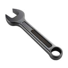 A shiny metal wrench with an open end and box end is isolated on a transparent background