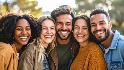 Fototapeta premium A group of five diverse young adults smiling and laughing together outdoors, showcasing friendship and happiness.