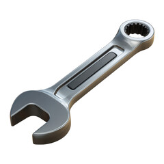 A shiny metal wrench with an open end and box end is isolated on transparent background