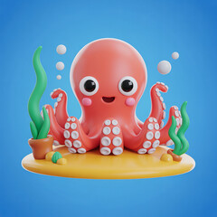 Happy cartoon octopus with big eyes and rosy cheeks sits on a yellow base with sea plants, surrounded by bubbles on a blue background.  AI generated.