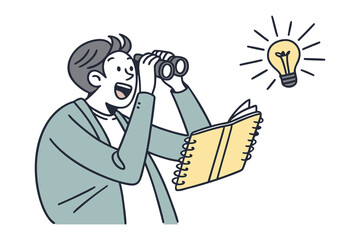 Enthusiastic person with binoculars and notebook discovers a bright idea represented by a glowing light bulb