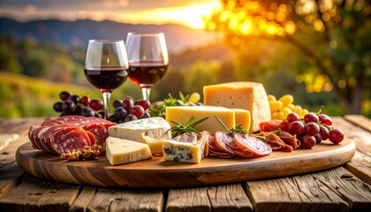 Sunset picnic featuring red wine, assorted cheeses, cured meats, and grapes on a rustic wooden board.