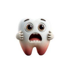 A cartoon tooth character looks worried and scared about dental problems and decay, isolated on transparent background