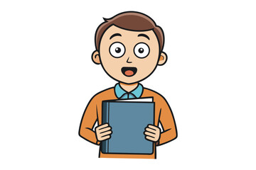 Enthusiastic young boy holding a closed blue book with a cheerful expression and open mouth ready to learn