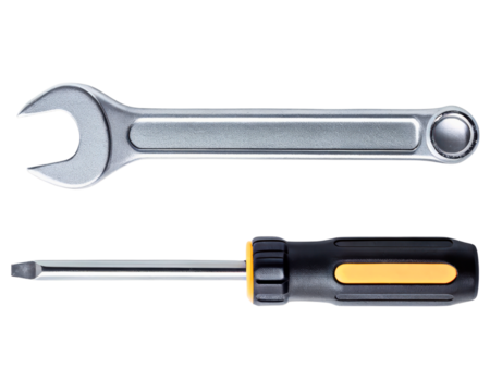 Metal combination wrench and a flathead screwdriver tool set on a transparent background