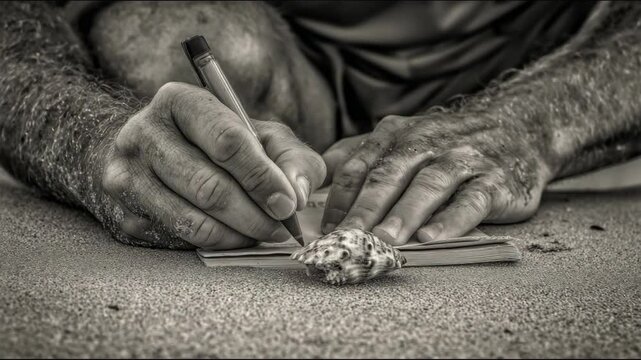 Hands writing on sand