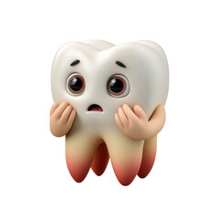 A cartoon tooth character looks worried and scared about dental problems and decay, isolated on transparent background
