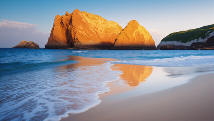 The sandy beach in the evening has waves against a background of sky and sunlight.