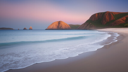 The sandy beach in the evening has waves against a background of sky and sunlight.