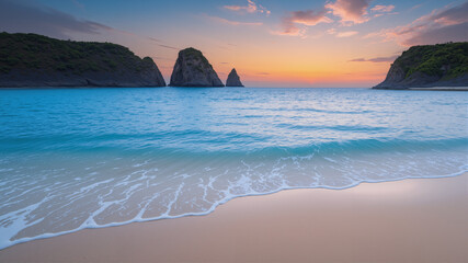 The sandy beach in the evening has waves against a background of sky and sunlight.