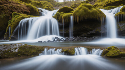 Beautiful waterfall in the mossy rainforest. The forest is full of green trees. AI generated.