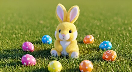 Fototapeta premium Adorable Easter Bunny Green Grass Eggs