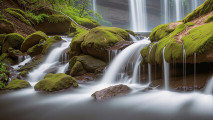 Beautiful waterfall in the mossy rainforest. The forest is full of green trees. AI generated.