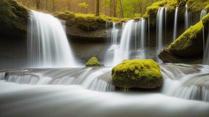 Beautiful waterfall in the mossy rainforest. The forest is full of green trees. AI generated.