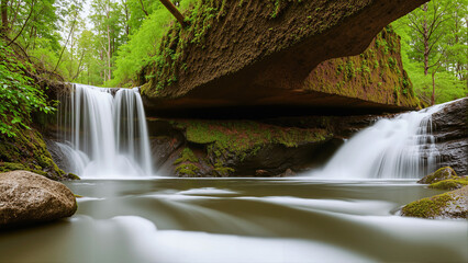 Beautiful waterfall in the mossy rainforest. The forest is full of green trees. AI generated.